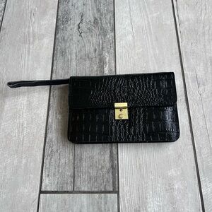 Sleek Black Croc-Embossed Wristlet